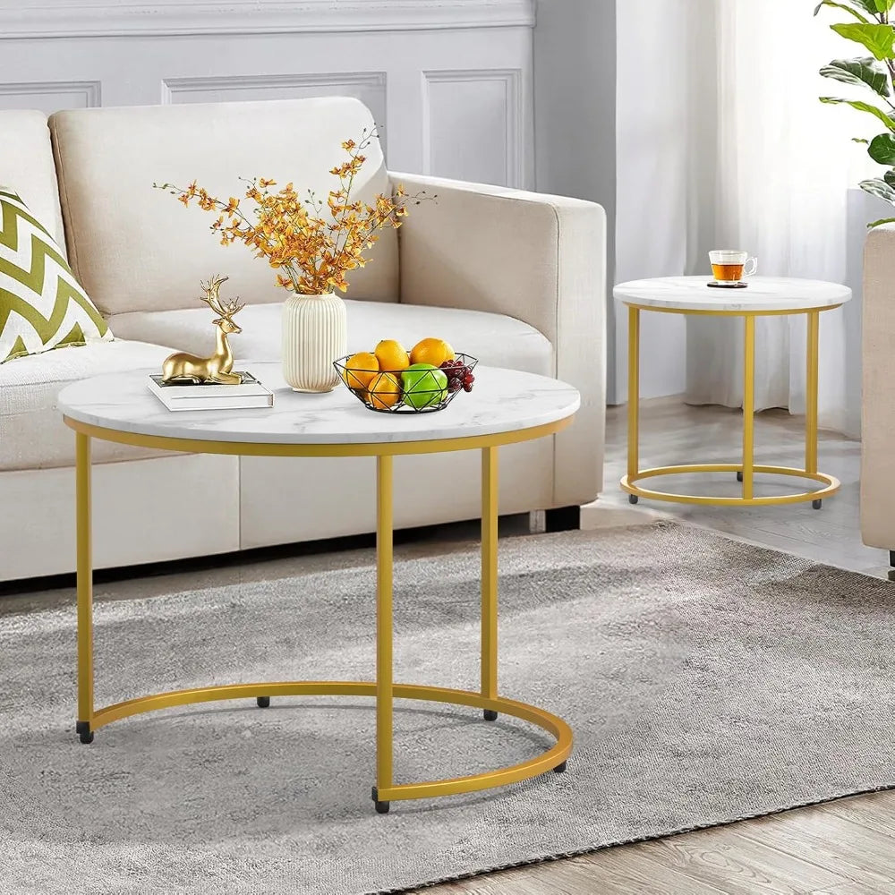 2-piece Nested Table Set, Living Room Circular Coffee Table with Golden Metal Frame, Marble Patterned Nested Table