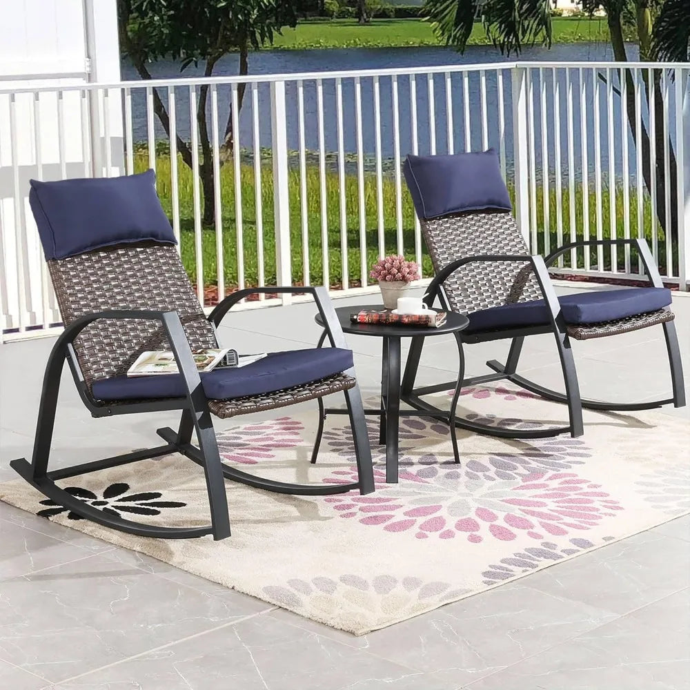 Patio Furniture Set 3 Pieces Outdoor Furniture Cushioned Rocking Chairs with Side Table Pillow All Weather Frame