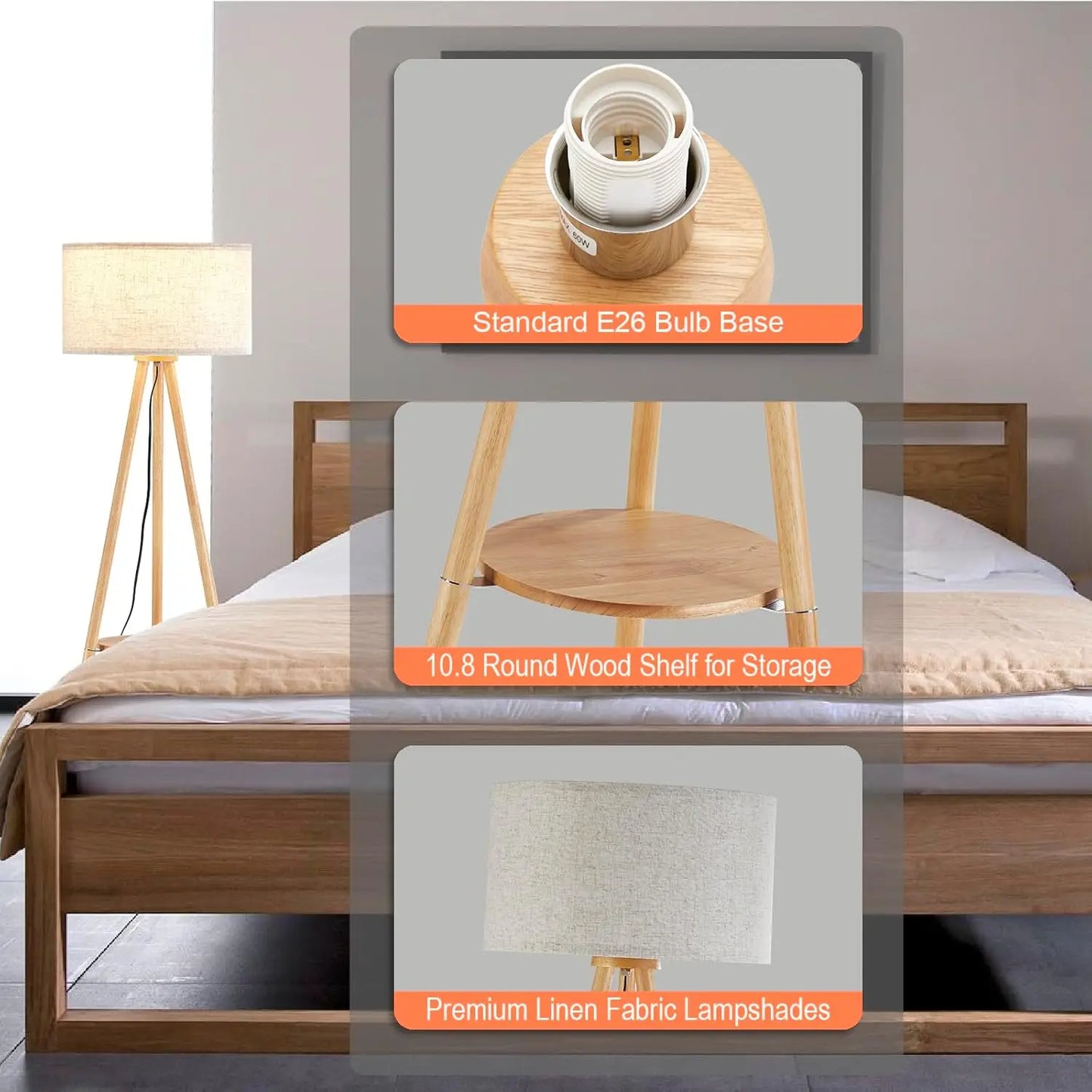 Wooden tripod floor lamp with shelf, wooden living room floor lamp, including trichromatic light bulb, natural wood color.