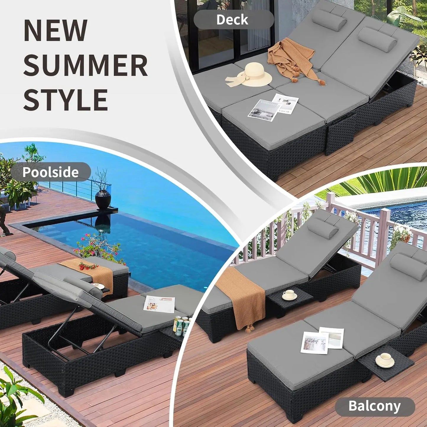 Outdoor Chaise Lounge Chairs for Outside Patio Furniture Set of 2 Black Rattan Pool Reclining Chair Grey Cushion