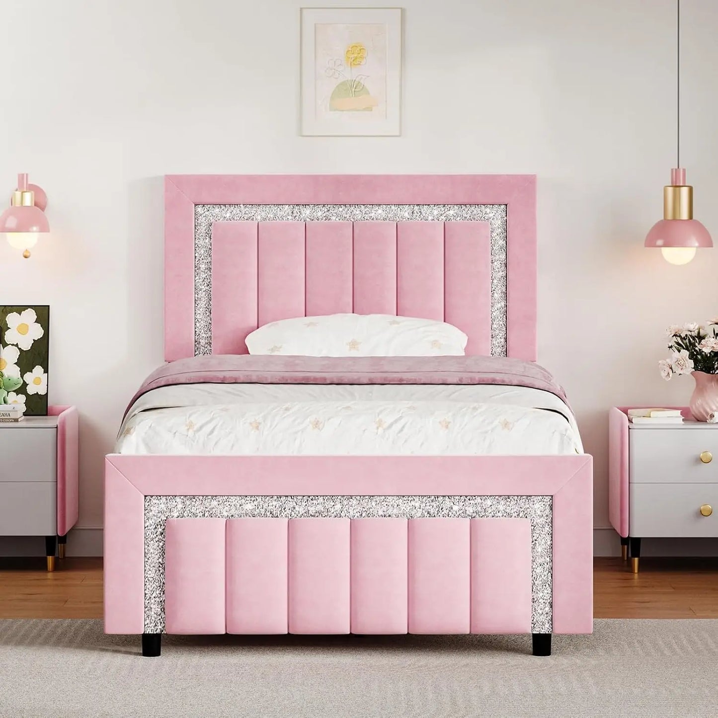Twin Bed Frame,Upholstered Bed Frame with Diamond Headboard and Footboard for Girls, Velvet Vertical Channel Tufted Headboard