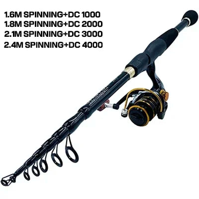 GHOTDA 1.6-2.4M Carbon Fiber Spinning Telescopic Fishing Rod Max Drag 8kg Baitcasting Reel Full Kit with Fishing Line for Bass