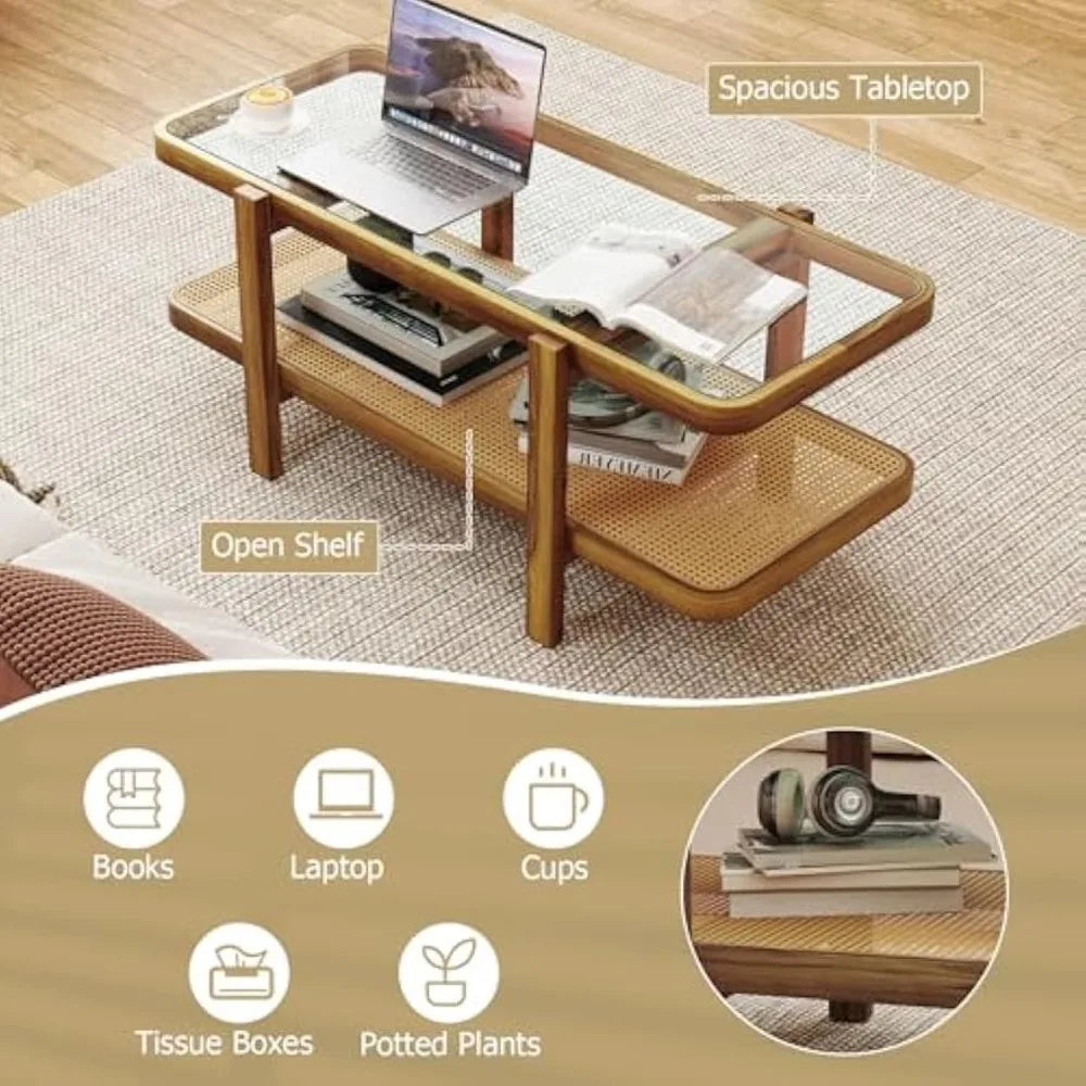 Rattan Coffee Table 47.5" Rectangle Solid Wood Tea Table W/Tempered Glass Tabletop & PE Rattan Storage Shelf