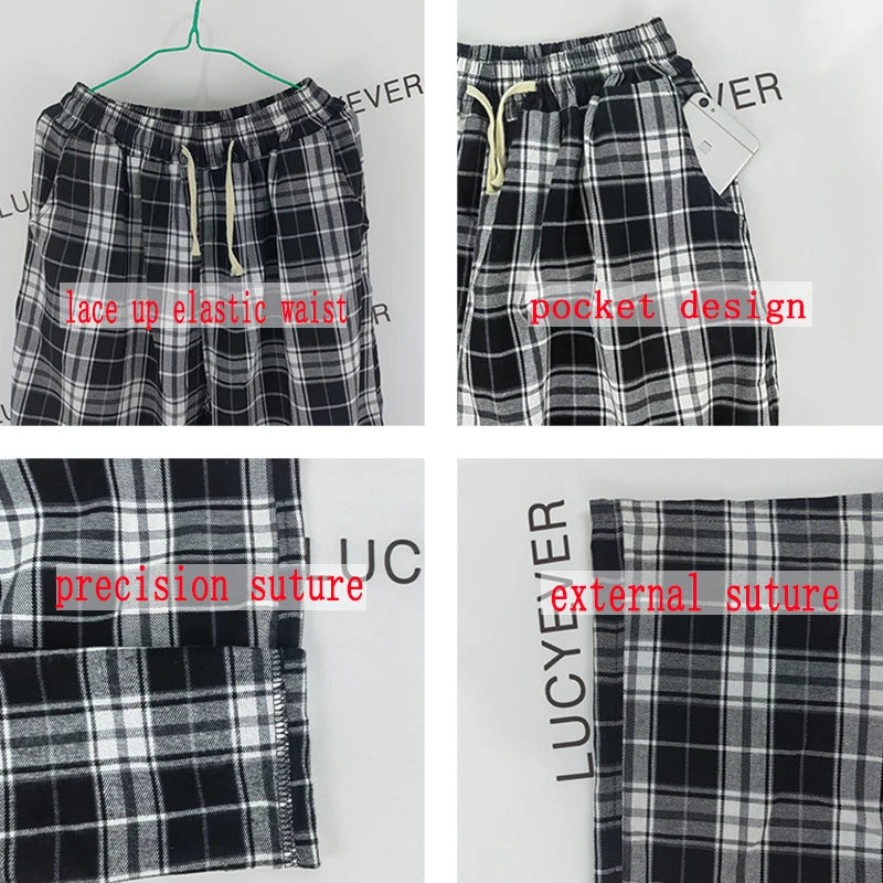 Lucyever Harajuku Black and White Plaid Pants Women Summer Casual Wide Leg Trousers Teens Hip Hop Unisex Loose Straight Pants