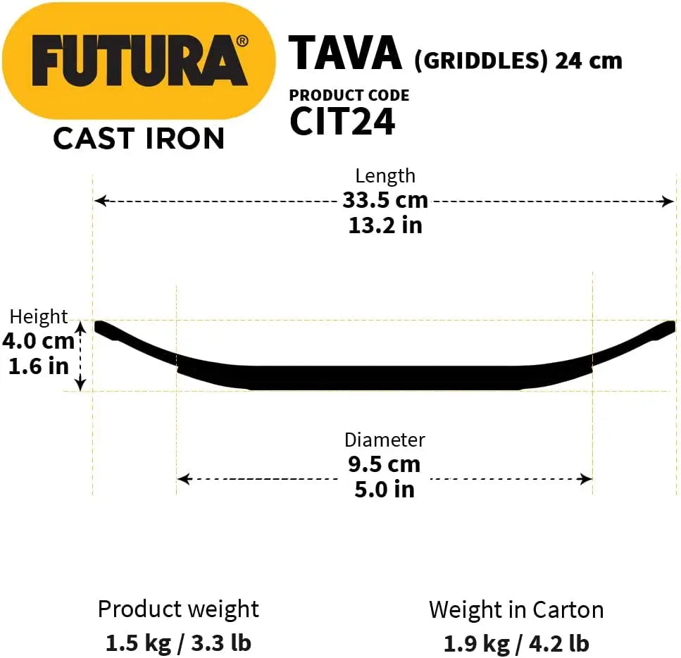 HAWKINS Futura 24 cm Cast Iron Tava, Cast Iron Tawa for Roti, Cast Iron Cookware for Kitchen, Black (CIT24)