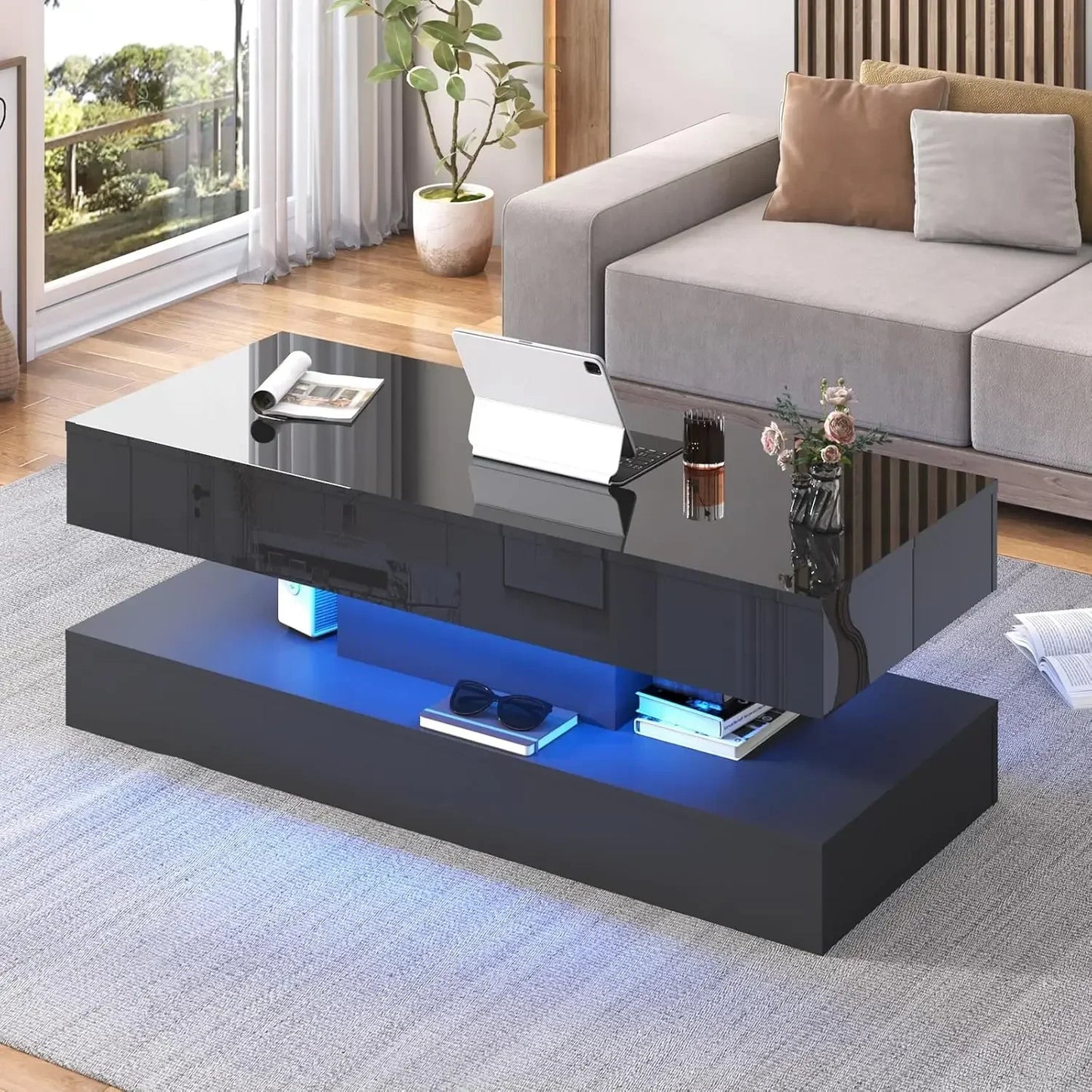 47.3IN High Glossy LED Coffee Table,APP LED Lights,Black/White, Modern Furniture for Living Room