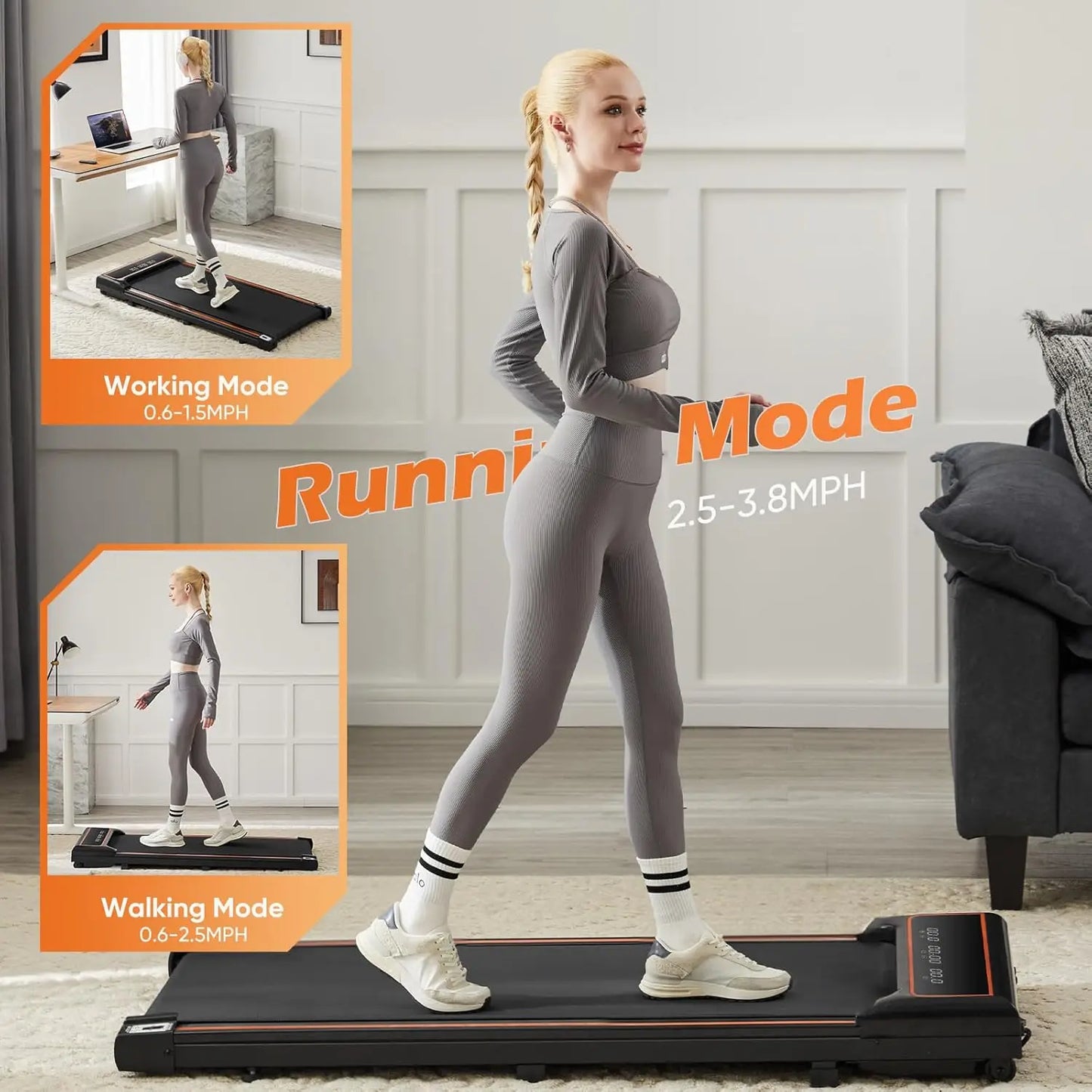 Compact Armless Treadmill for Small Spaces, Quiet Under-Desk Walking Pad, Slim & Portable Design for Home Office Workouts, Easy