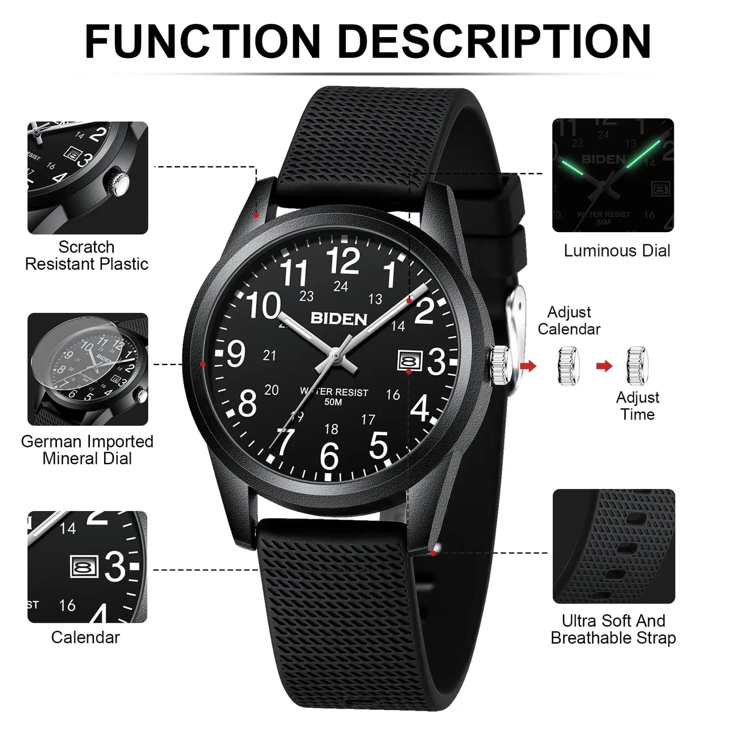 BIDEN Simple Casual Men's Quartz Watch Digital Edition Waterproof Calendar Luminous Silicone Strap Comes with Watch Box