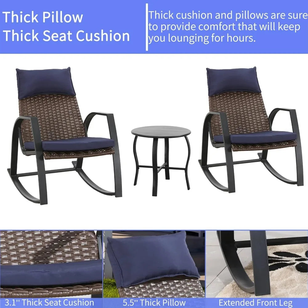 Patio Furniture Set 3 Pieces Outdoor Furniture Cushioned Rocking Chairs with Side Table Pillow All Weather Frame