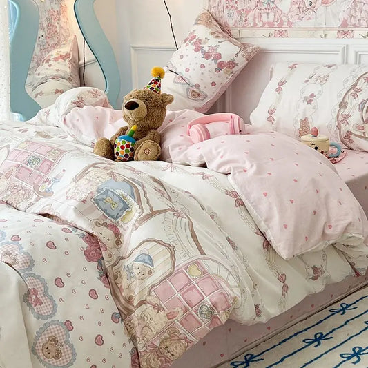 Cute Bear Duvet Cover Set with Zipper Pink Heart Bed Sheet Pillowcases No Filler Twin Queen Size Girls Boys Gift Bedding Set