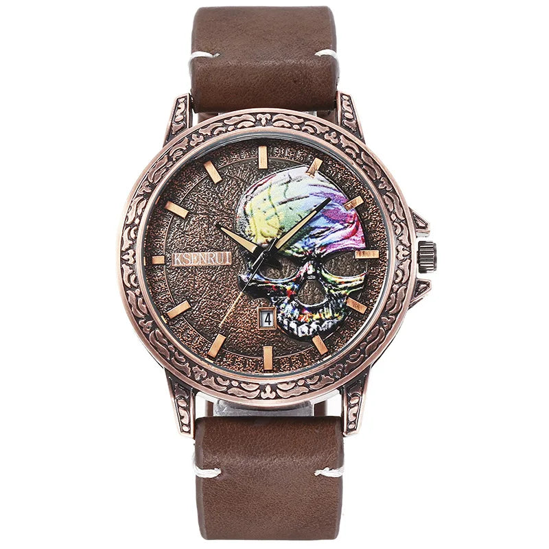 UTHAI BK149 Antique Bronze Colorful Skull Head Retro Men's Watch Casual Fashion Cool Calendar Waterproof Quartz Watch
