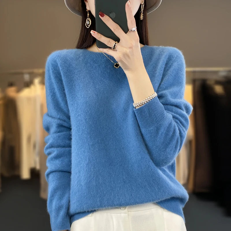 New Cashmere Basic Top Long Sleeve Women O-Neck Knitted Sweater 100% Pure Merino Wool Pullover Clothing Knitwear traf