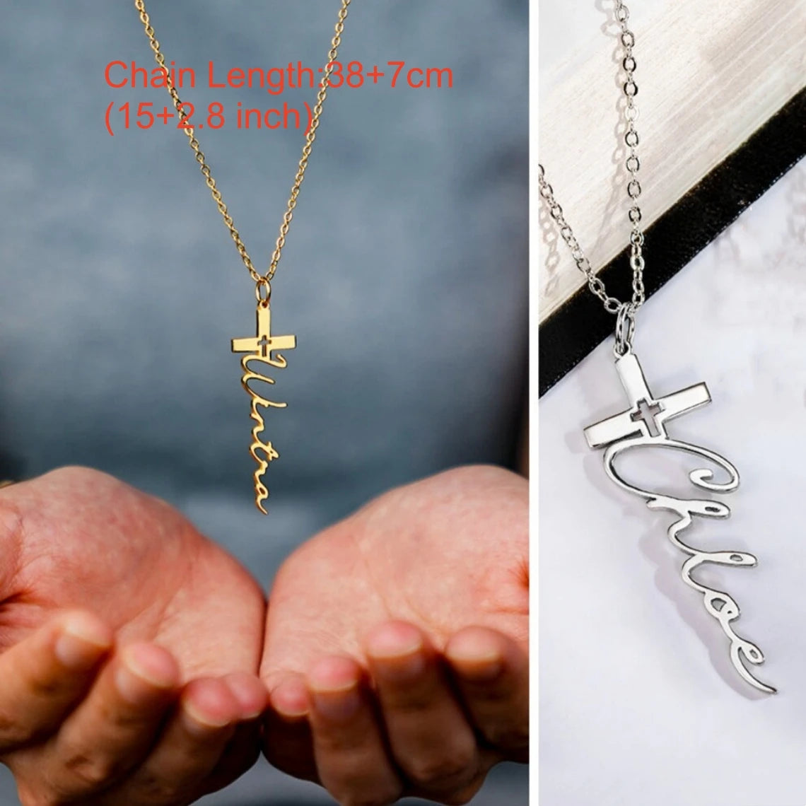 Custom Cross Name Necklace Women Lady Christian Jewelry Stainless Steel Personalized Gold Color Nameplate Pendant Necklace