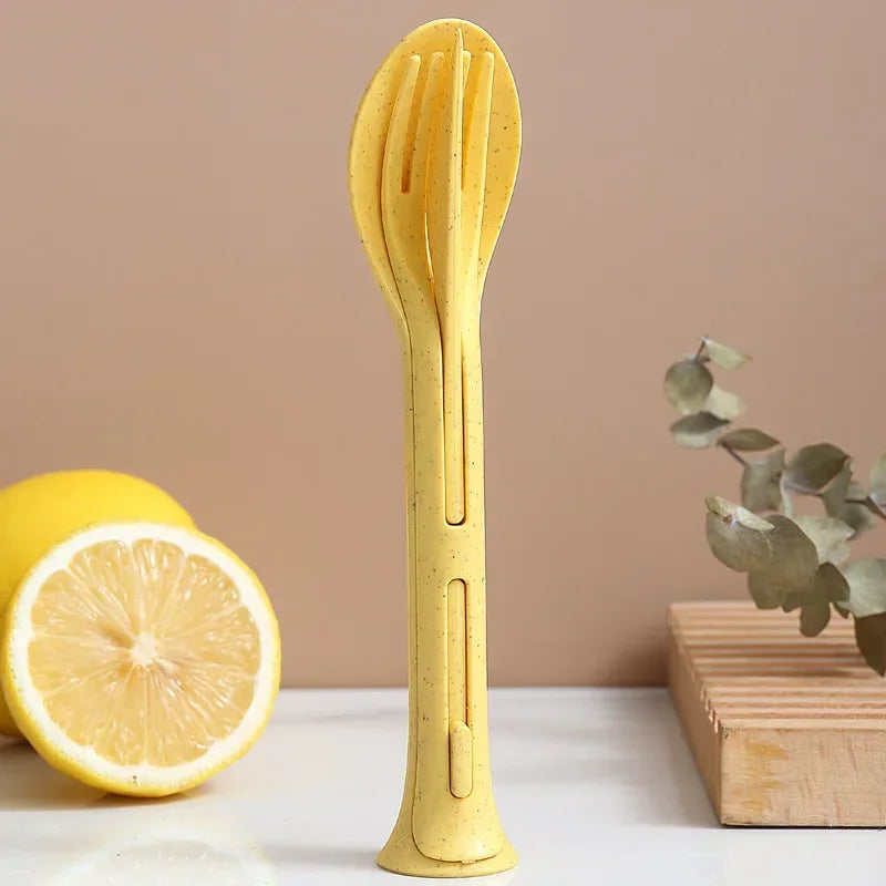 Portable Cutlery Set 3 In 1 Travel Reusable Cutlery Set Japan Style Wheat Straw Knife Fork Spoon Dinnerware Kitchen Tableware