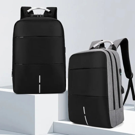 Men's Waterproof Patchwork Backpack Fashion Password Lock Anti-theft USB Travel Sports Charging Business Computer