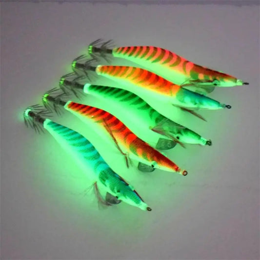 1 piece of luminous wooden shrimp bait, equipped with squid hook, saltwater and freshwater artificial shrimp bait