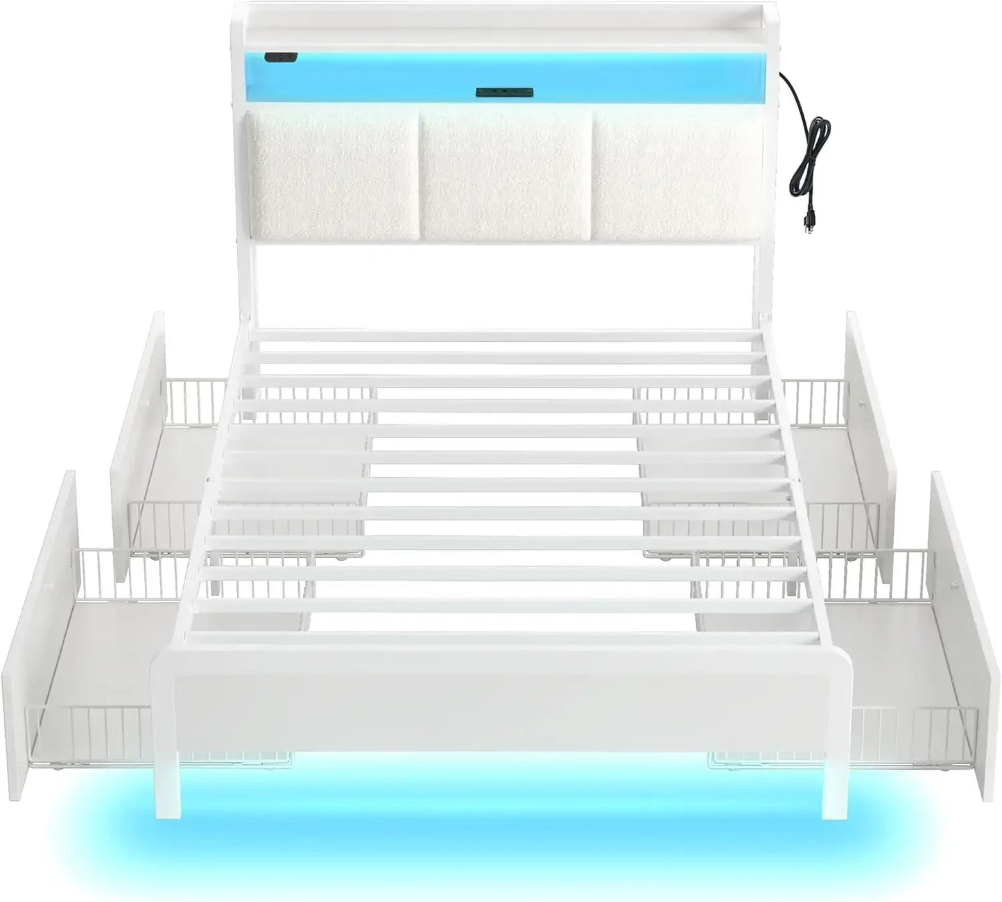 Bed Frame Twin Size with Bookcase Storage Headboard, Slide Out Bedside Storage, Bed with Charging Station & LED Lights