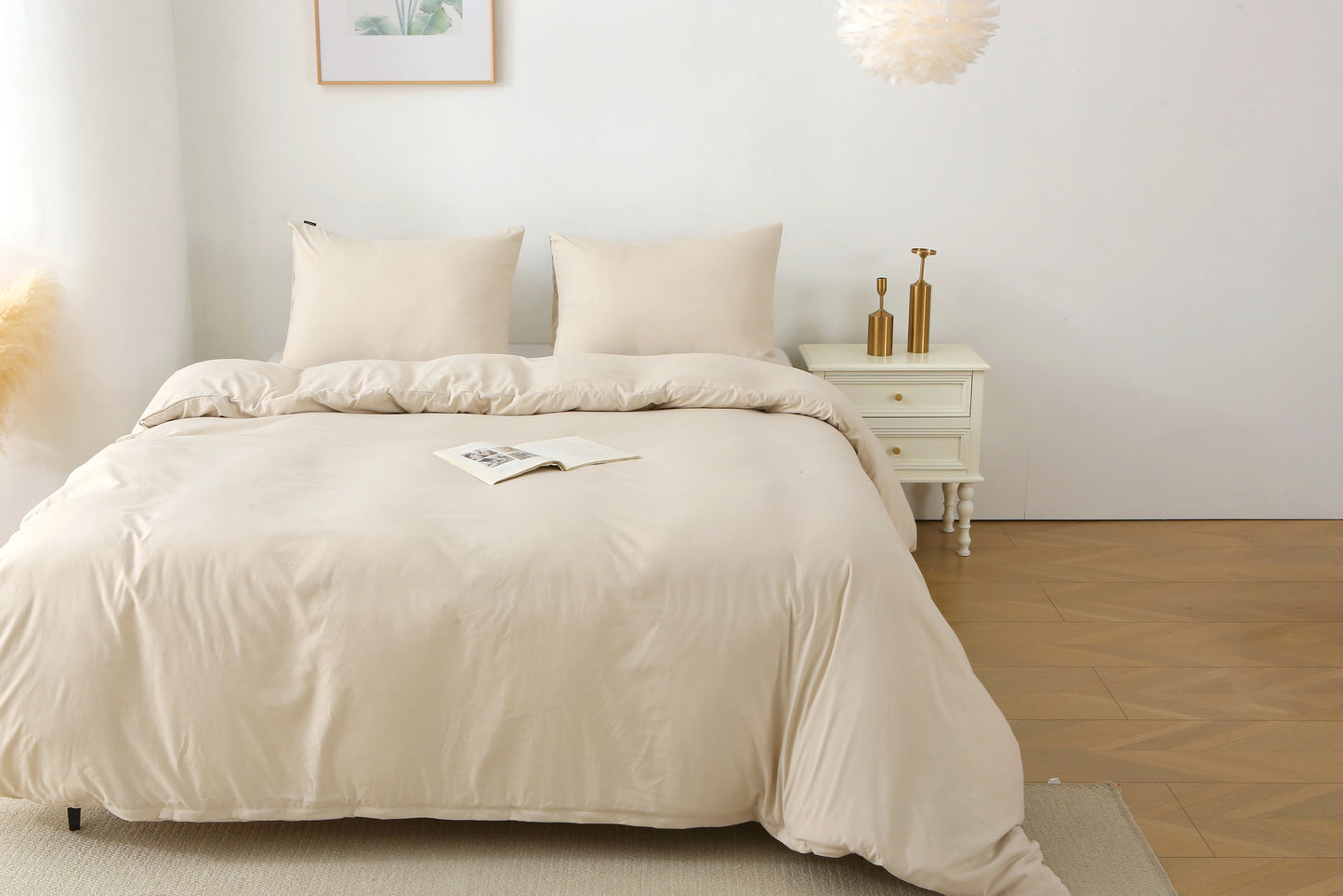 3 Pieces Solid Color Bedding Set with 1 Duvet Cover and 2 Pillow Shams, Comforter Not Included (King Size, Beige)