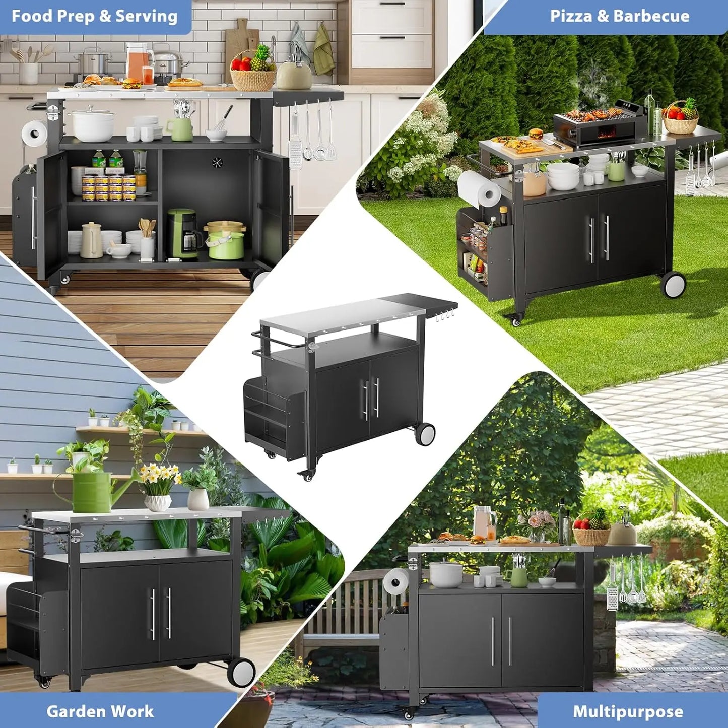 Grill Cart with Storage,Patio Kitchen Island with WheelsHooks and Spice Rack,Waterproof Outdoor Grill Table,Movable BBQ Serving
