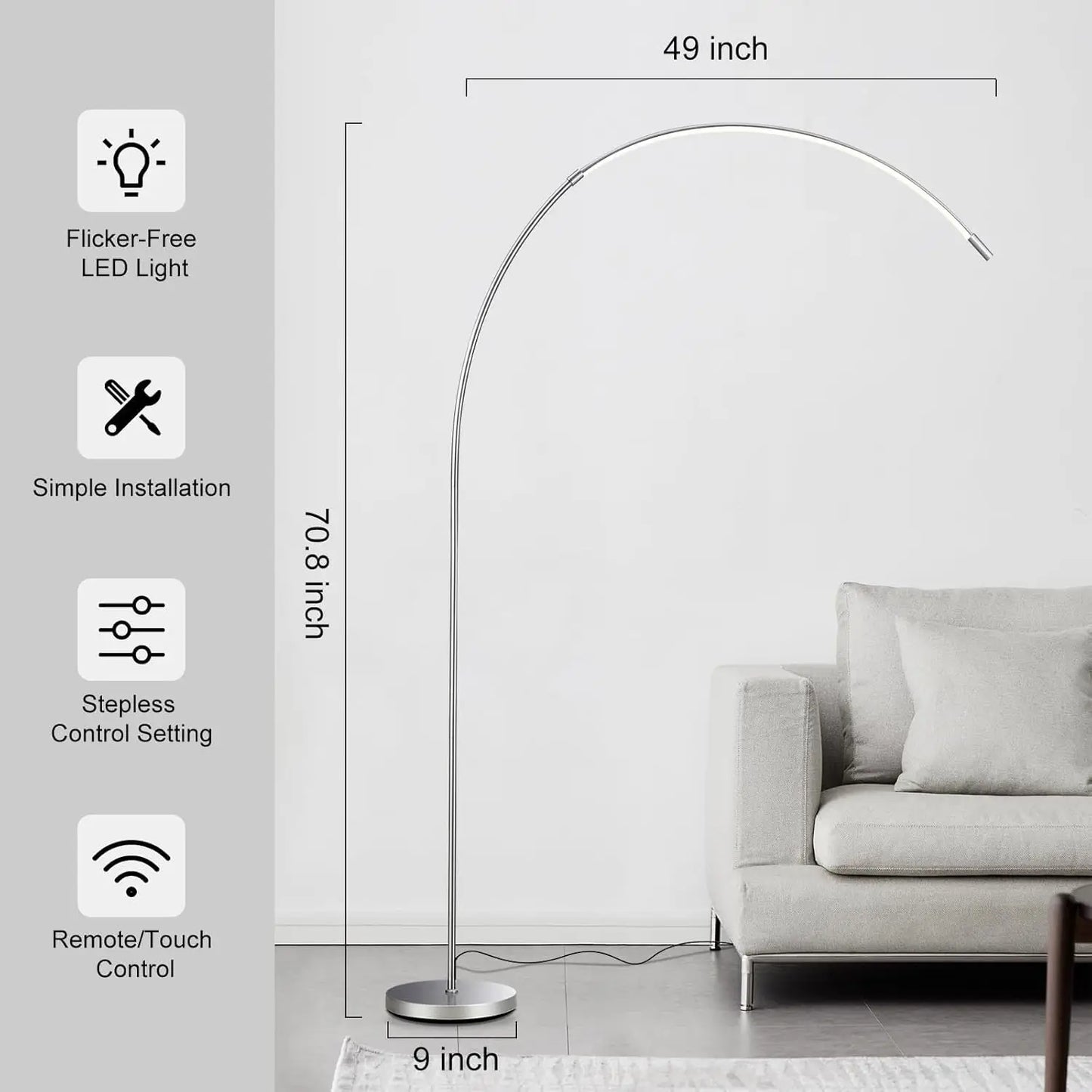 LED Arc Floor Lamp for Living Room, Silver Modern Standing Lamp With Remote Control, 3 Color Temperature Reading Floor Lamp