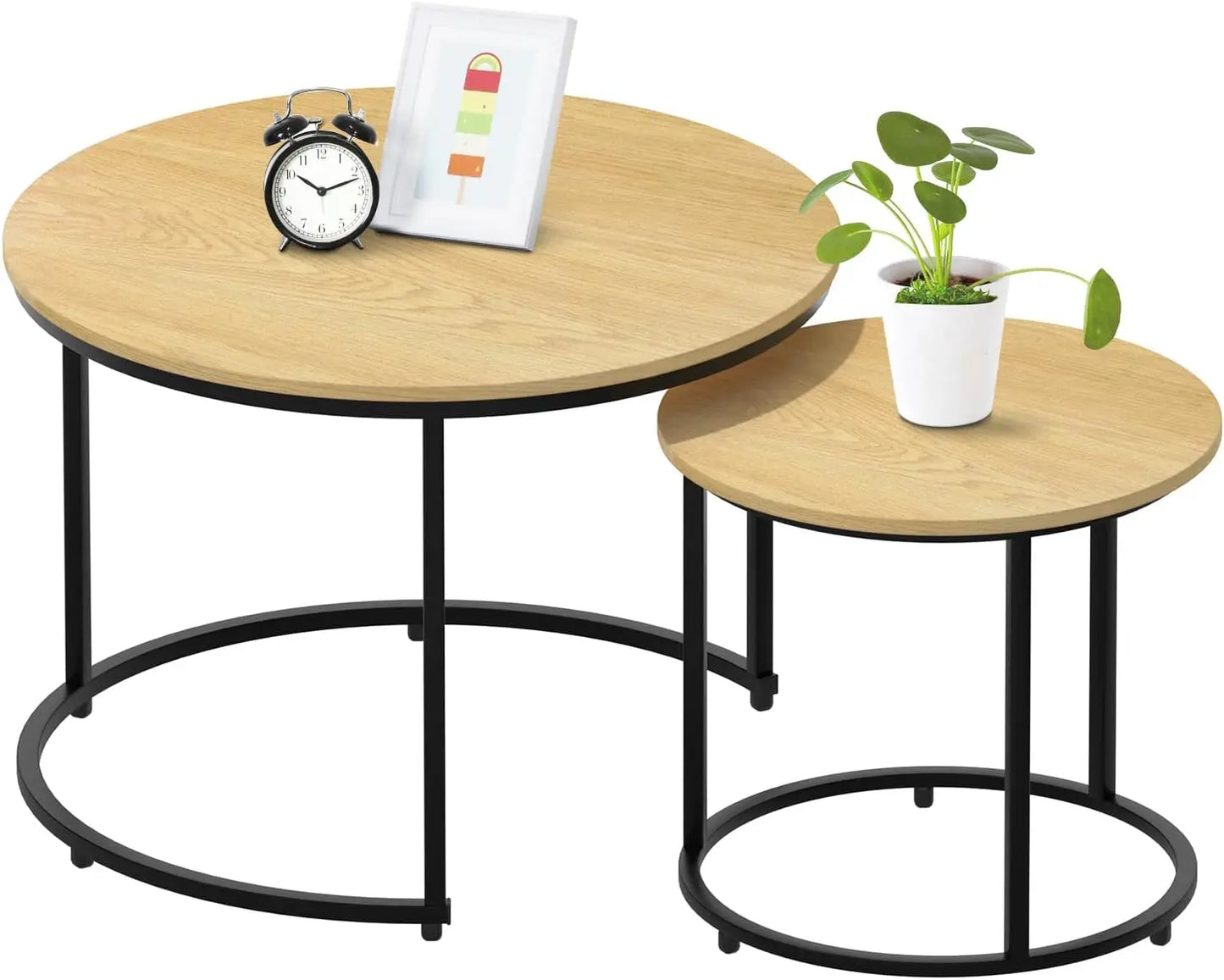 2-piece Nested Table Set, Living Room Circular Coffee Table with Golden Metal Frame, Marble Patterned Nested Table