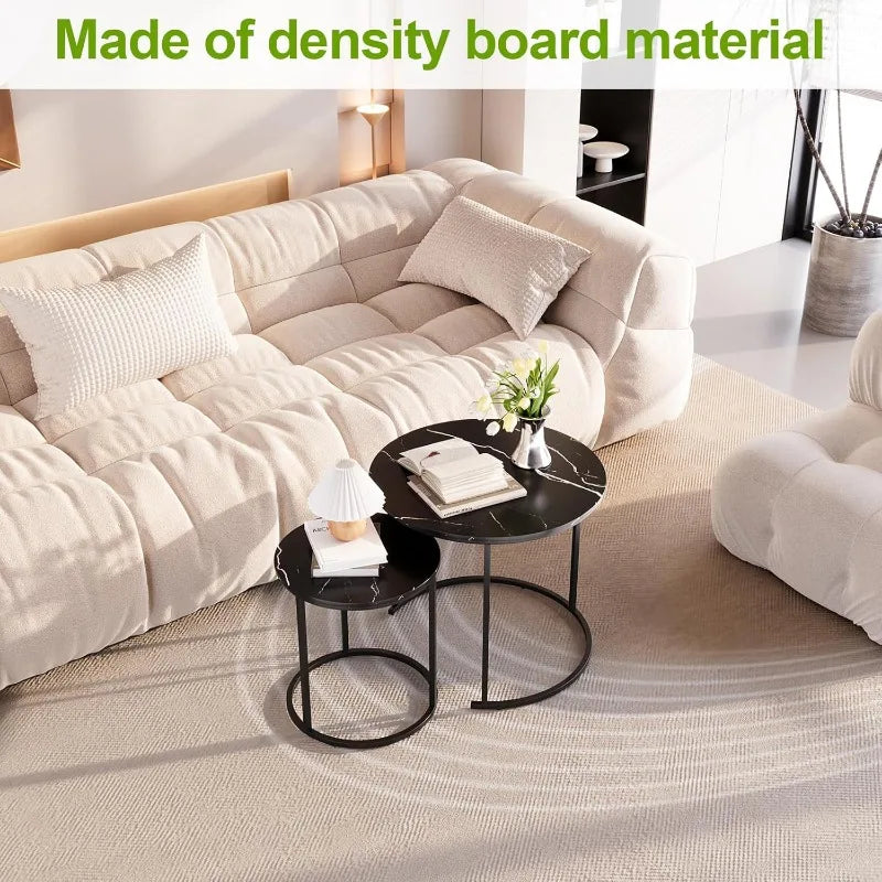 Coffee Table Nesting Black Set of 2 Side - Black Frame and Round Black Marble Wood Table, Industrial End Table Side .