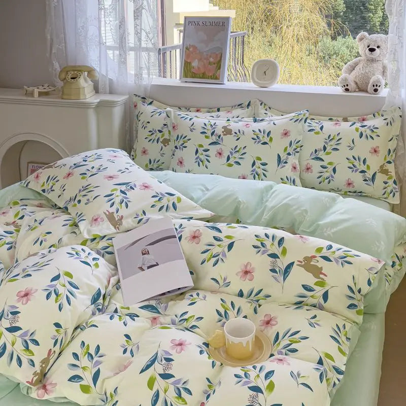 Pink Floral Bedding Set Soft Ins Single Double Queen Size Duvet Cover Flat Sheet Pillowcase Girls Home Totel Bed Linens