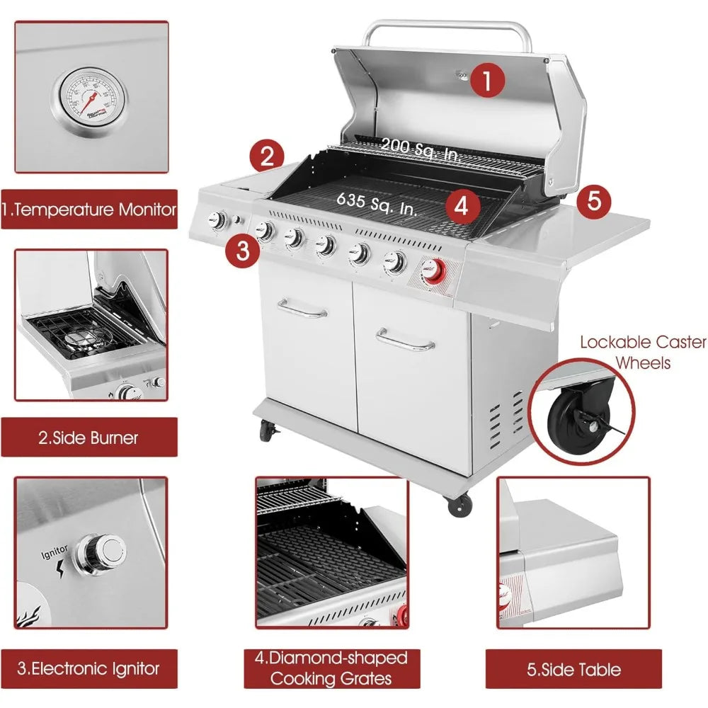 6 burner Propane gas grill with side burner and heating rack, 74,000 btu, cabinet grill for grilling and cooking