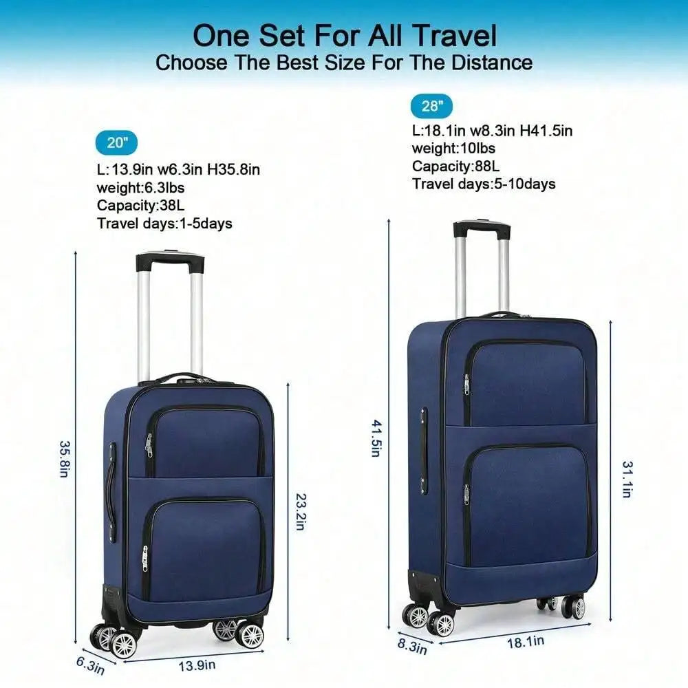 2 Piece Set Travel Luggage Lightweight Carry On Softside Suitcase Trolley 20"28"