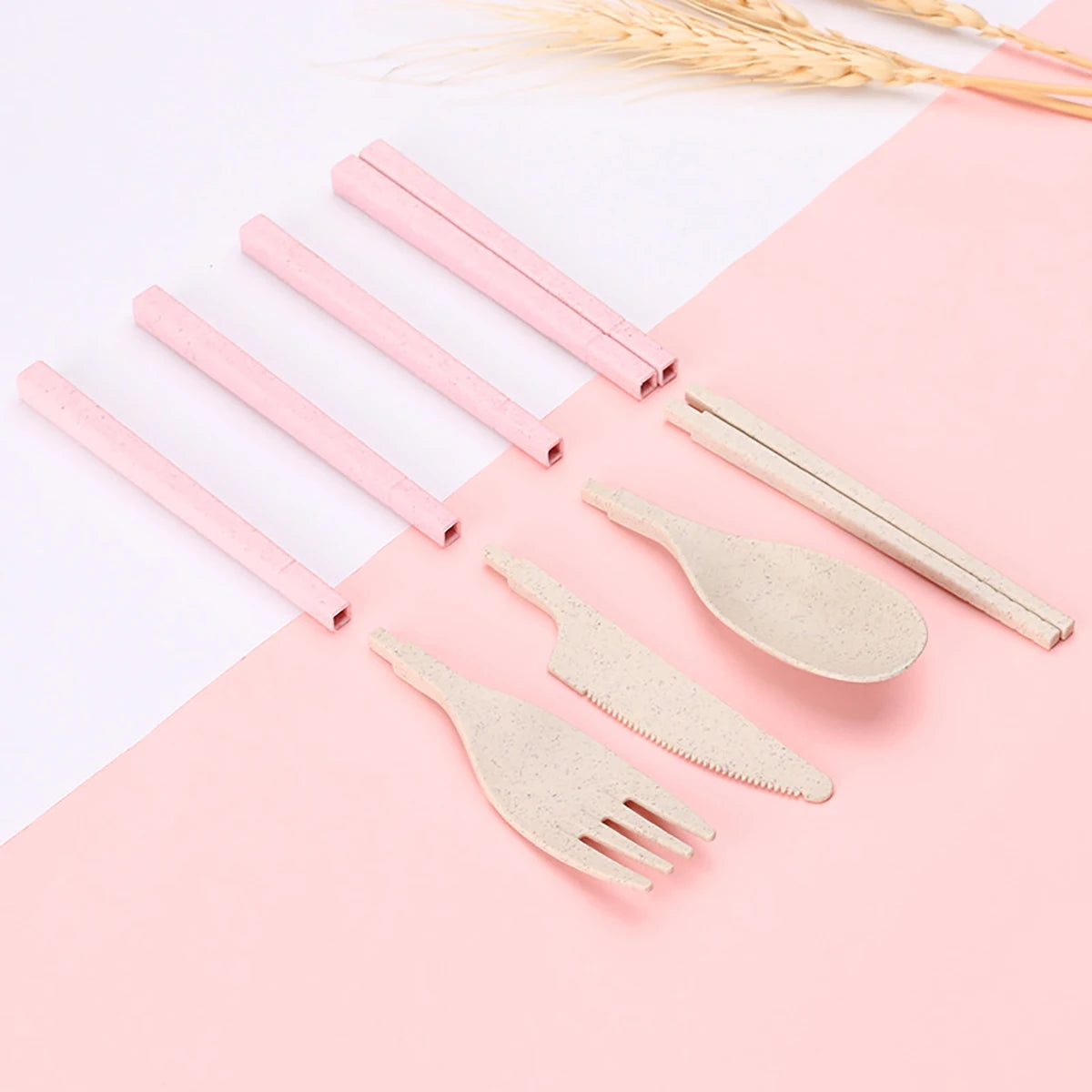 Wheat Straw Portable Tableware Knfe Fork Spoon Chopsticks Dinnerware Set with Storage Box Detachable Travel Cutlery for Student