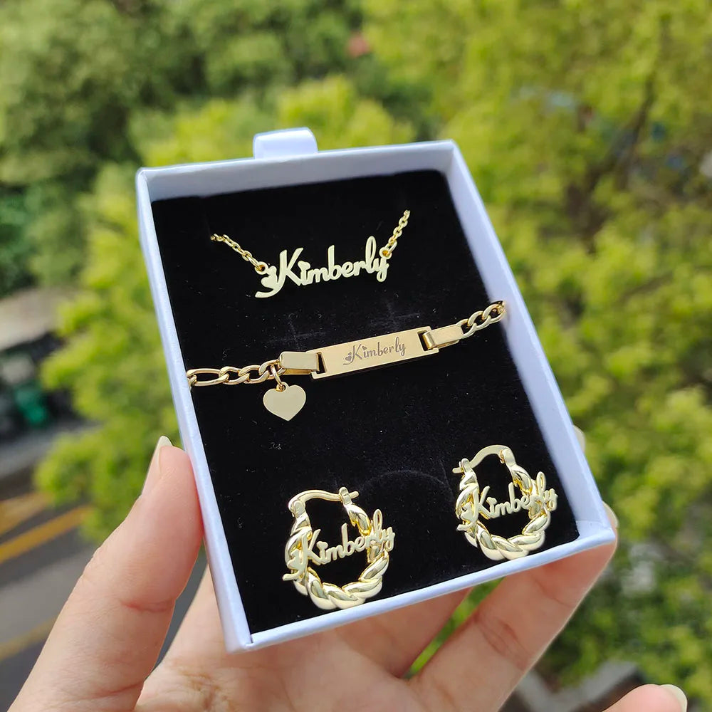 DODOAI Custom Name Jewelry Sets Stainless Steel Letter Jewelry Nameplate Necklace/Bracelet/Earring with Twisted Hoop 3 Piece Set