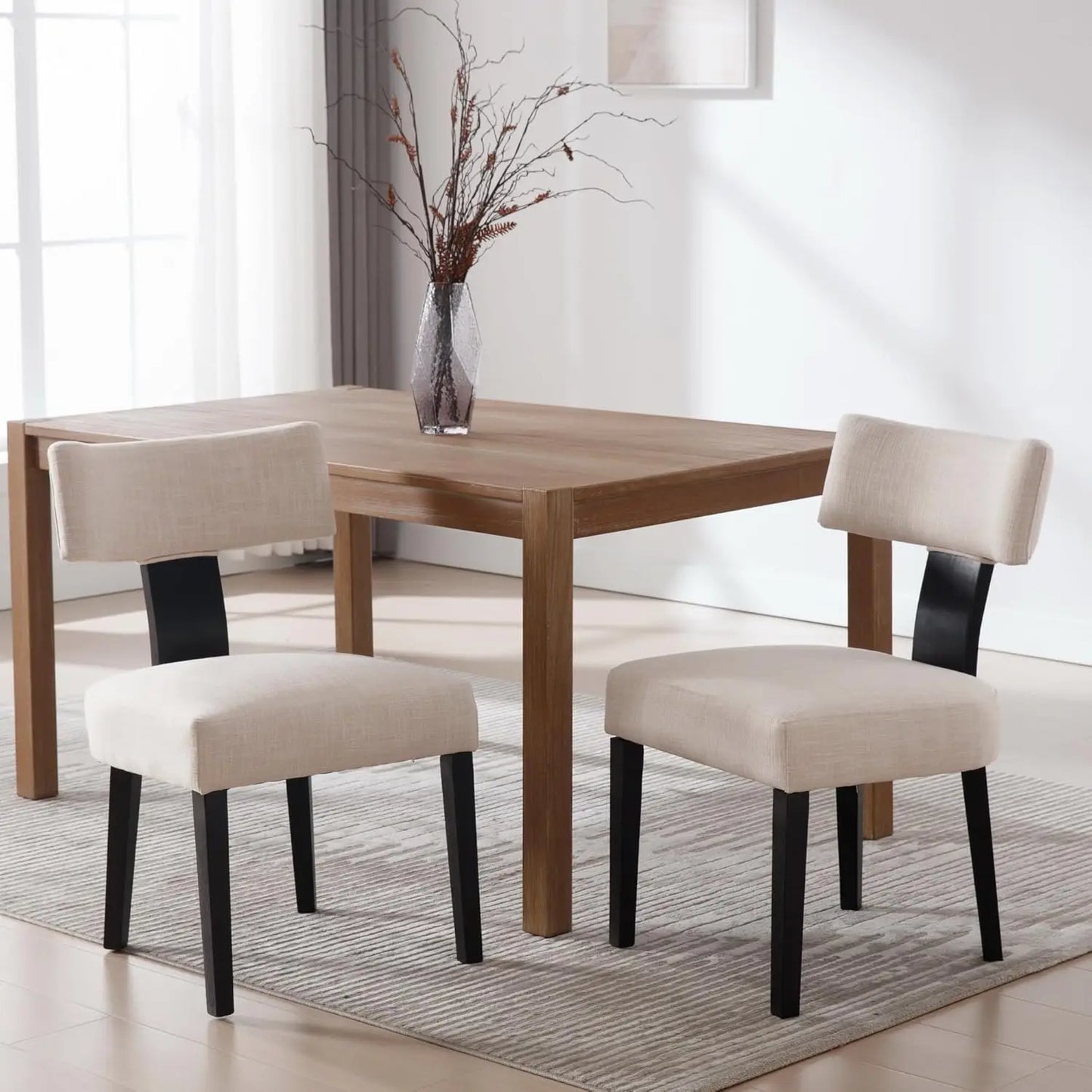 Modern Dining Chairs Set of 2 Comfy Upholstered Side Chairs Black Wood Legs Linen Fabric Dining Chairs Curved Wingback Beige
