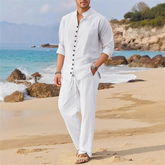 2025 Spring and autumn Cuban style fashion men's shirt trend casual multi-button stand collar loose long sleeve pants beach suit