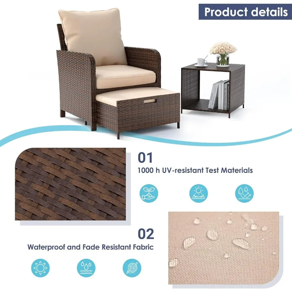 5 Pieces Patio Conversation Set All-Weather PE Rattan Outdoor Balcony Furniture Set, Patio Chair with Ottoman & Coffee Table