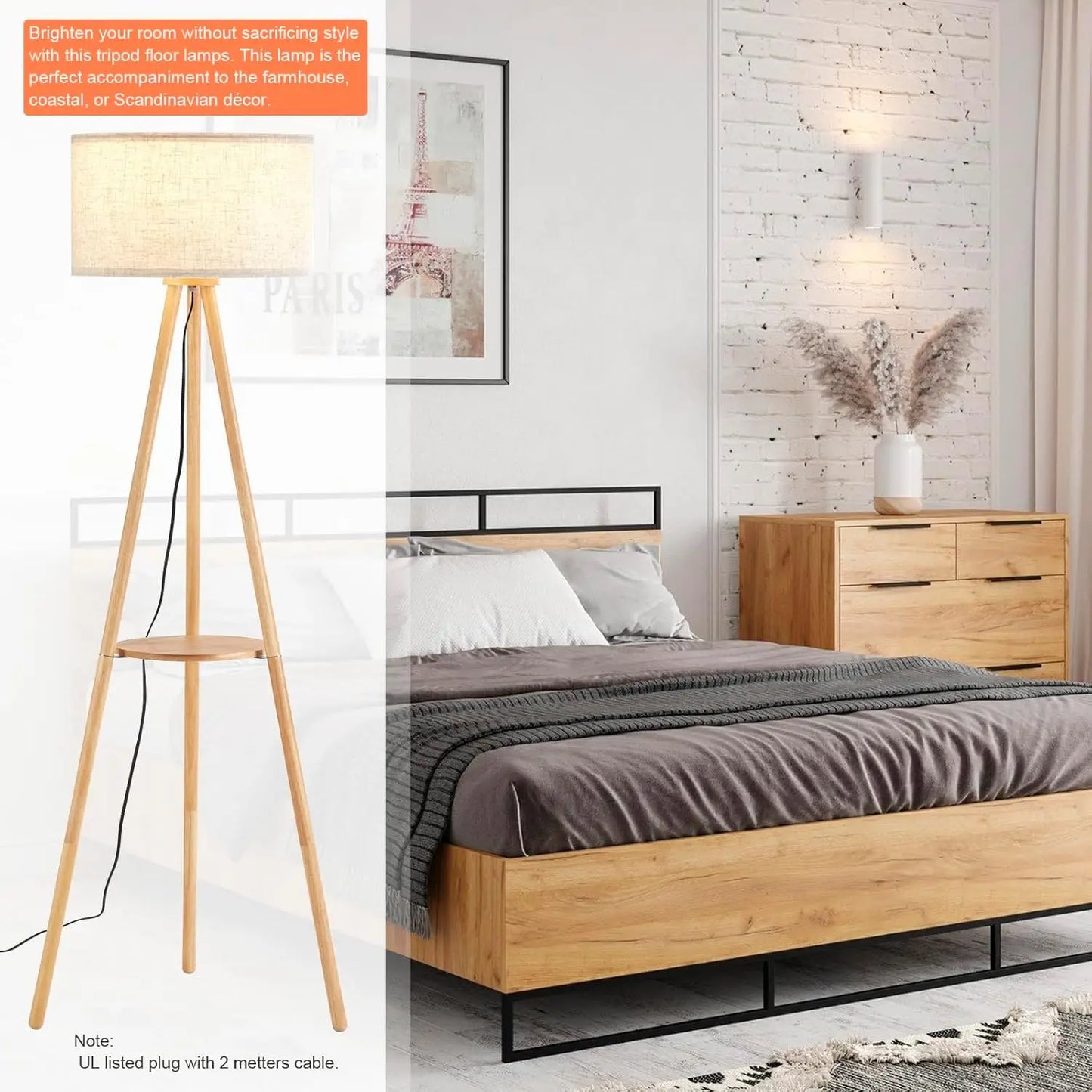 Wooden tripod floor lamp with shelf, wooden living room floor lamp, including trichromatic light bulb, natural wood color.