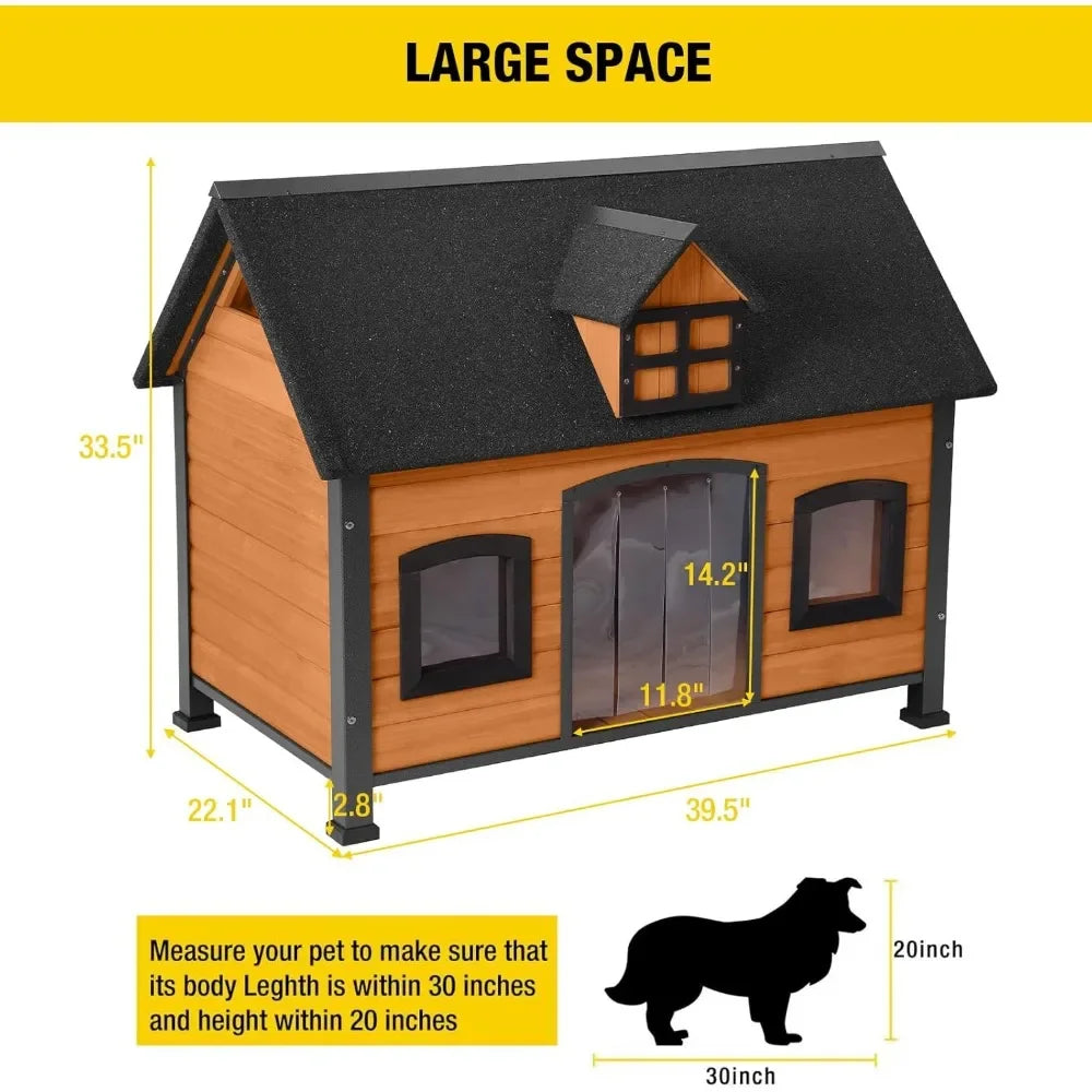 Large Dog House Anti-Chewing Metal Frame Design Insulated Wooden Dog Kennel with Unique Design Roof, Weatherproof