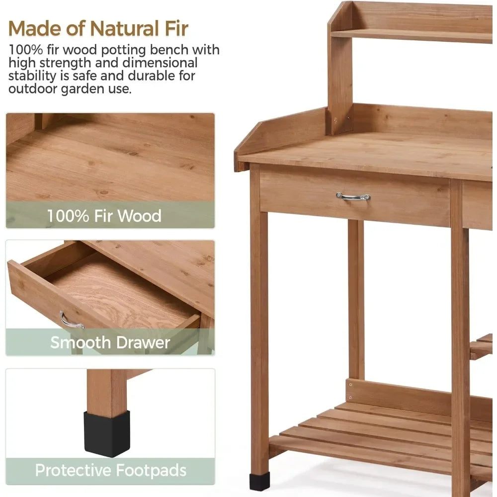 Potting Bench Outdoor Garden Work Bench Station Planting Solid Wood Construction for Horticulture W/Sink Drawer Rack Shelves