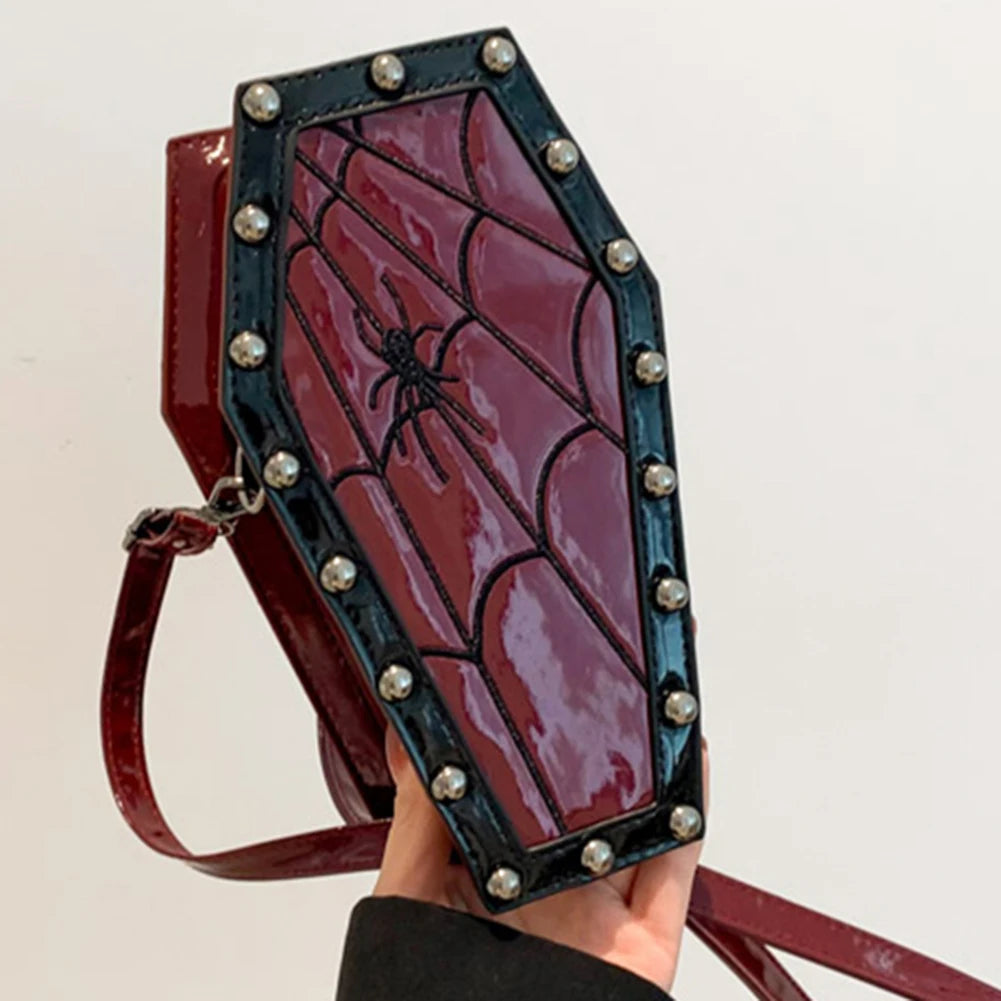 Halloween Cobweb Shoulder Bag Large Capacity Gothic Coffin Shaped Satchel Purse Adjustable Strap Spider Web PU Leather Hobo Bag