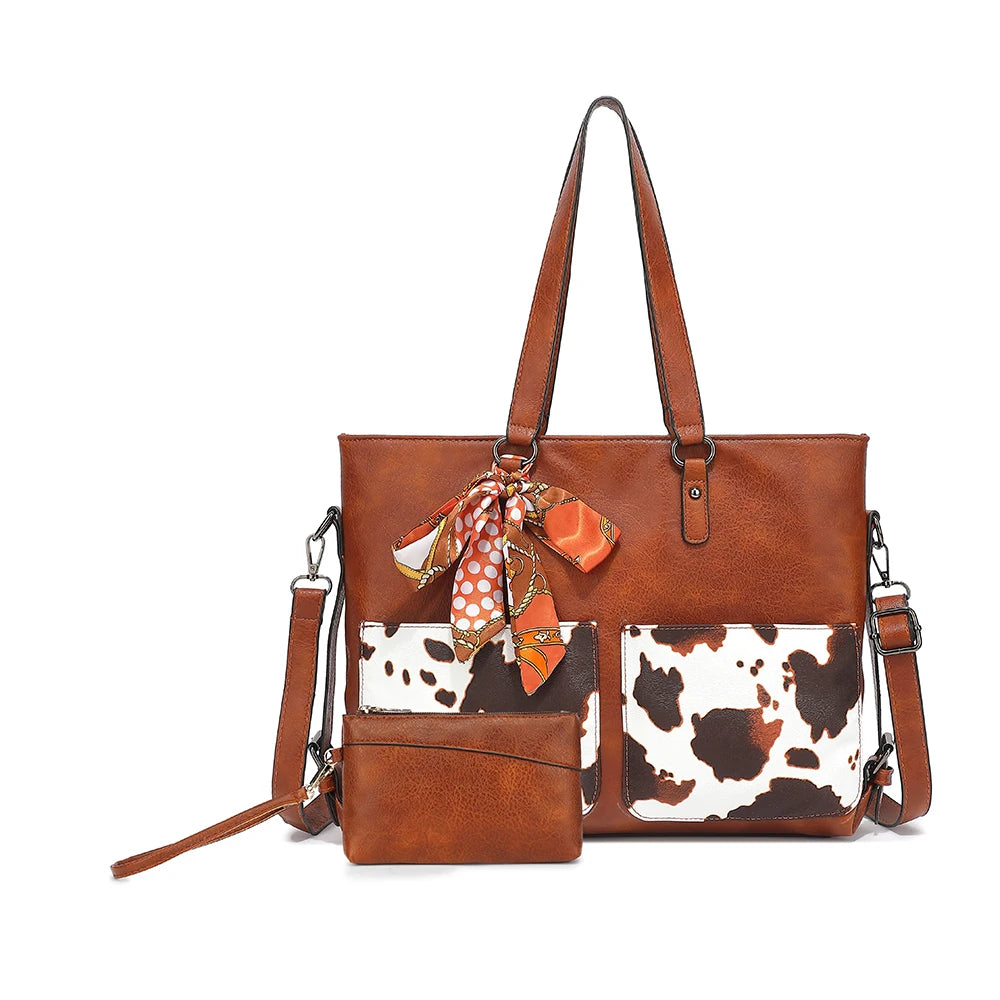2PC Set Purses Tote Bag For Women, Handbags PU Leather Large Shoulder Bag,  Cow Pattern Work Bags With Multi-Pockets