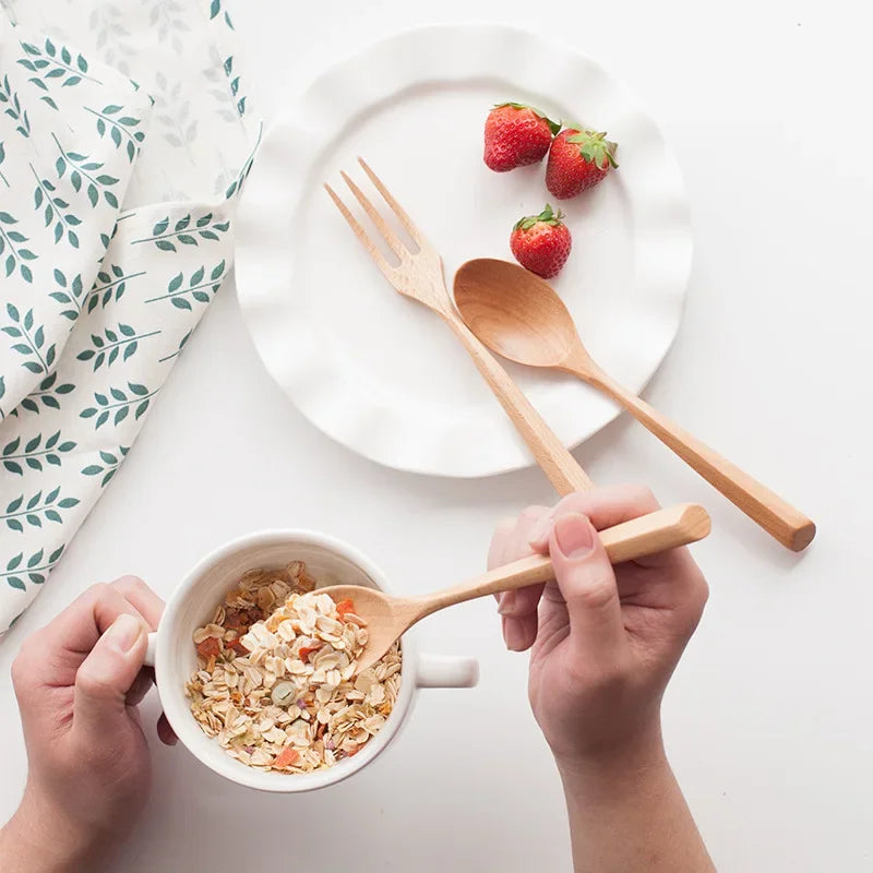 Natural Wooden Spoon Set Portable Eco-friendly Fork Tableware Cutlery Sets Travel Dinnerware Suit Simple Kitchen Tools