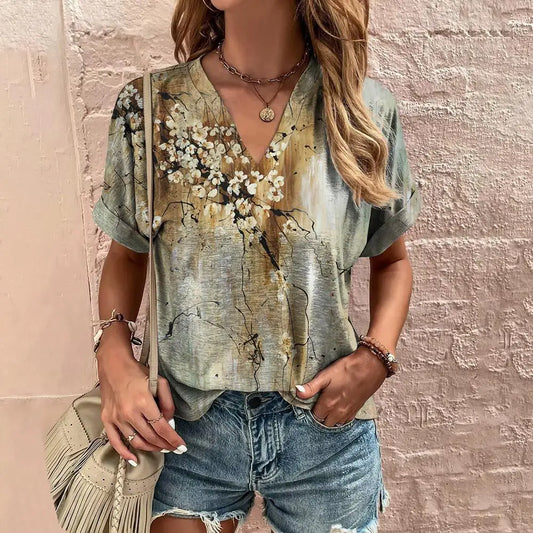 Vintage Floral Women's T-shirt Harajuku Tops V-neck Fashion Blouse Summer Casual Clothes Oversized Cheap Tees Female Daily Shirt