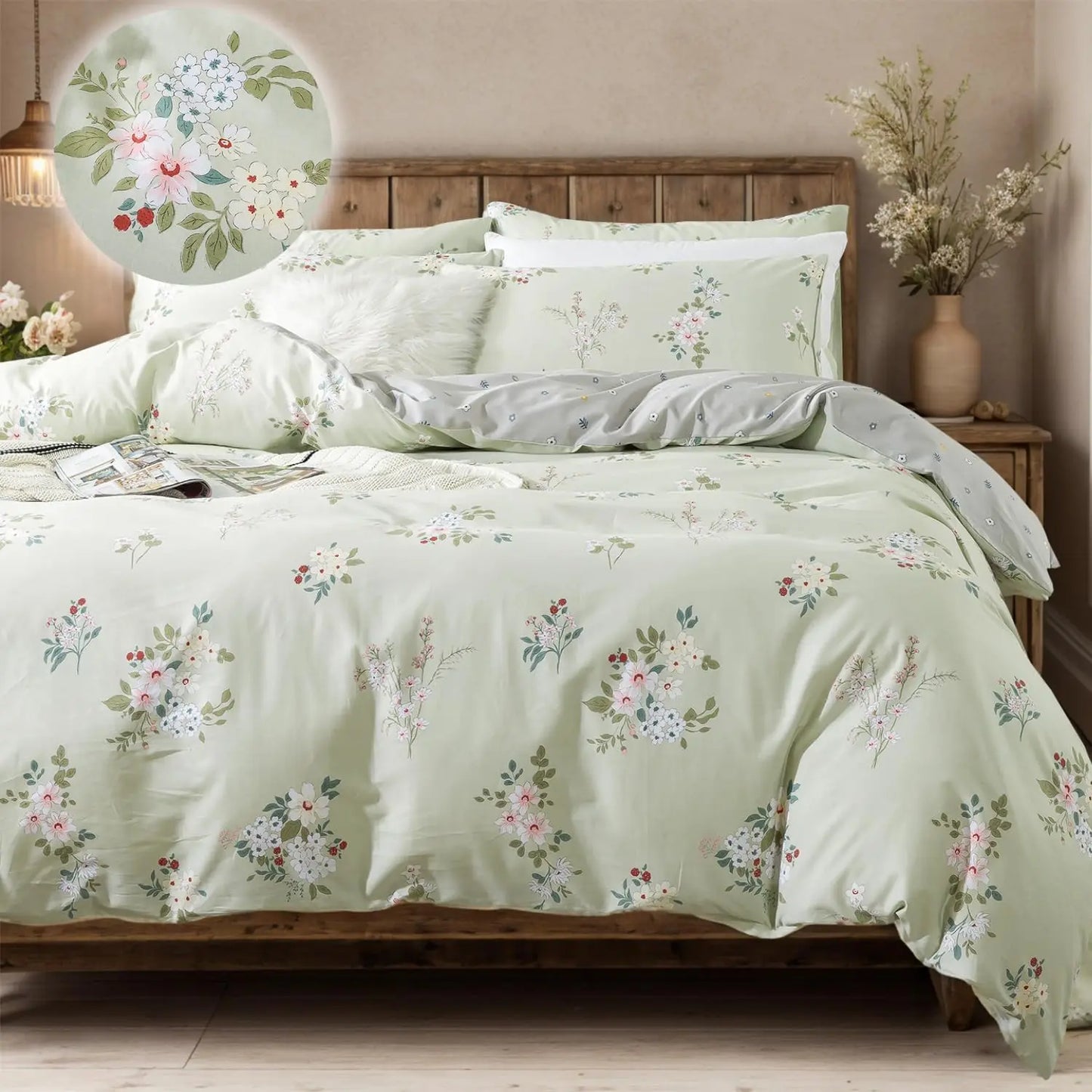 Floral Duvet Cover Queen 100% Cotton Blue Green Farmhouse Bedding Super Soft Reversible Striped Country Bed Purple Hydrangea