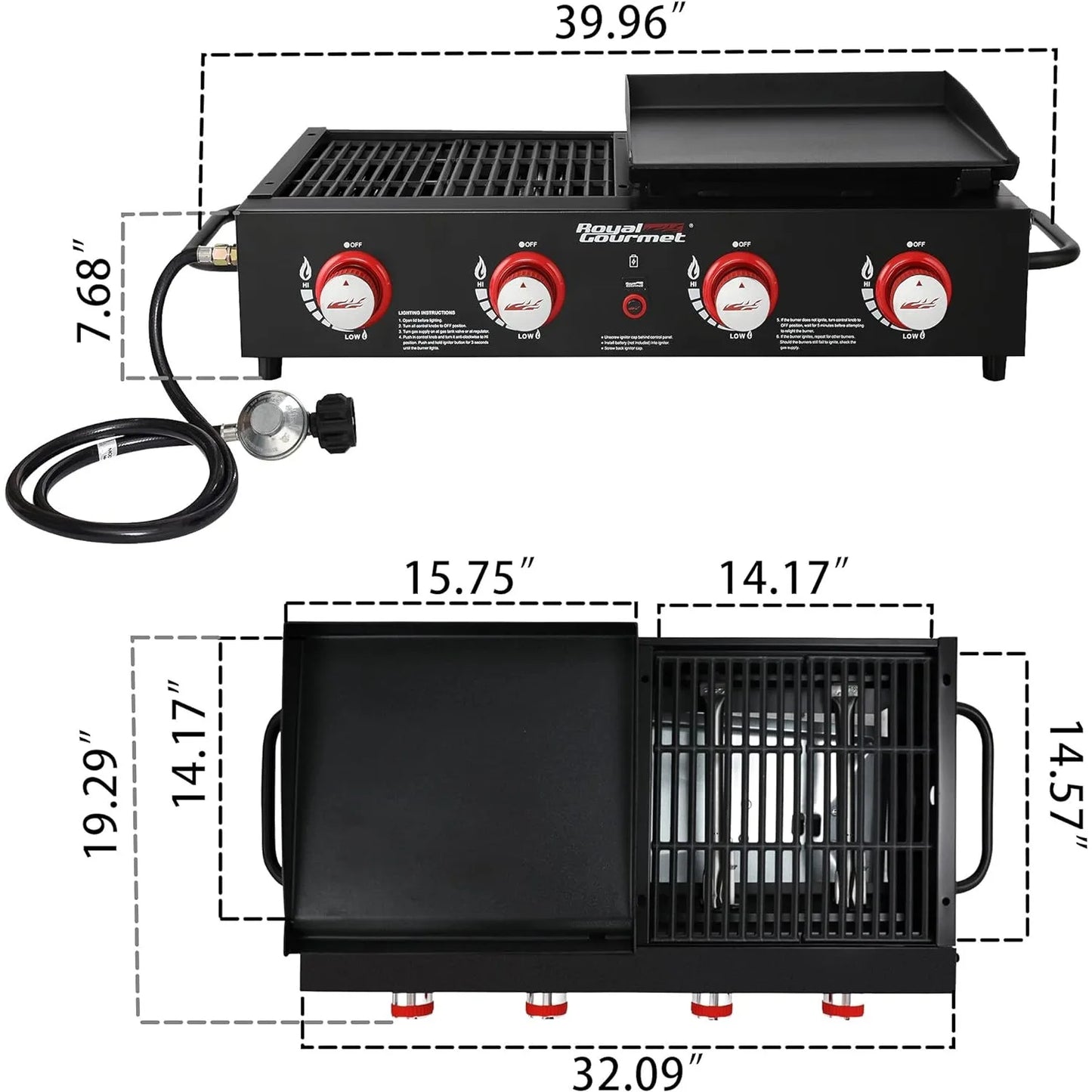 Tabletop Gas Grill Griddle, 4-Burner Portable Propane Grill Griddle Combo, for Backyard  Outdoor BBQ Cooking, 40,000 BTU, Black