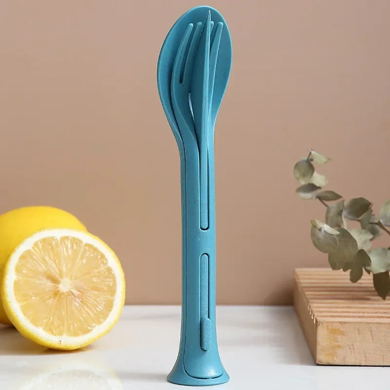 Portable Cutlery Set 3 In 1 Travel Reusable Cutlery Set Japan Style Wheat Straw Knife Fork Spoon Dinnerware Kitchen Tableware