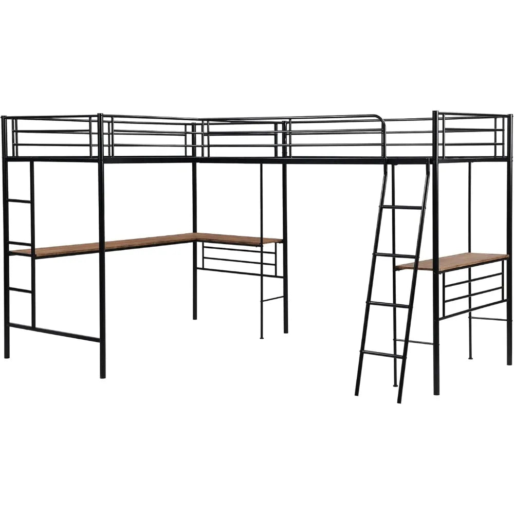 Double Twin Size Loft Beds, Metal L-Shaped Loft Bed Frame with Two Desk Underneath for 2 Kids Boys Girls Teens, Black