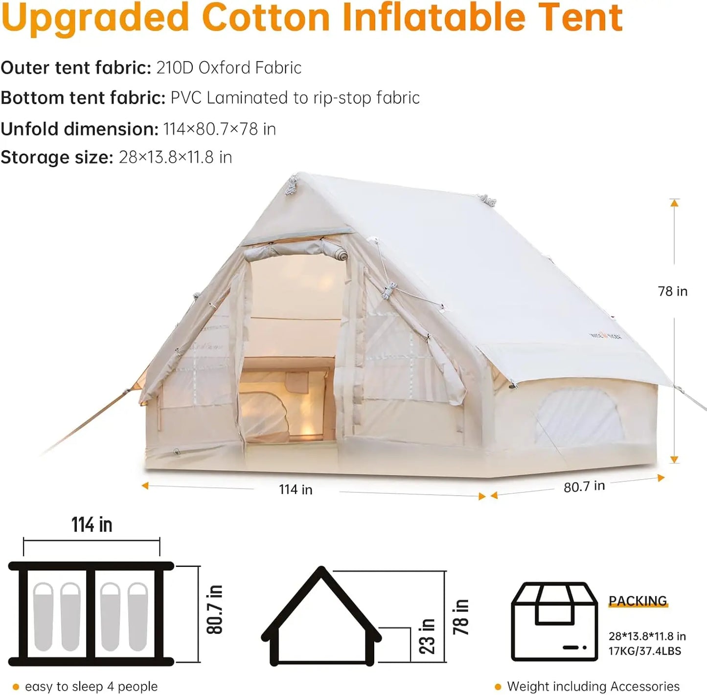 Pump, Glamping Tents, Easy Setup 4 Season Waterproof Windproof Outdoor Blow Up Tent, Luxury Cabin Tent with Mesh Windows & Doors