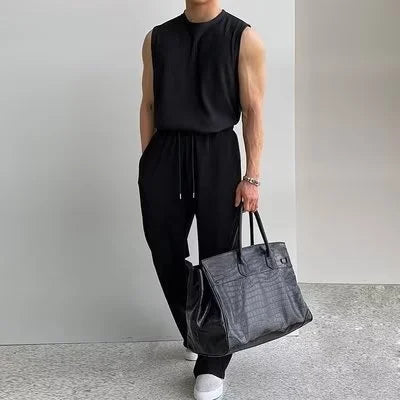 Ice Silk Men's Summer Ruffian Tracksuits Handsome Fashion Vest Sleeveless T-shirt And Pants Two Piece Set Men Elegant Suit