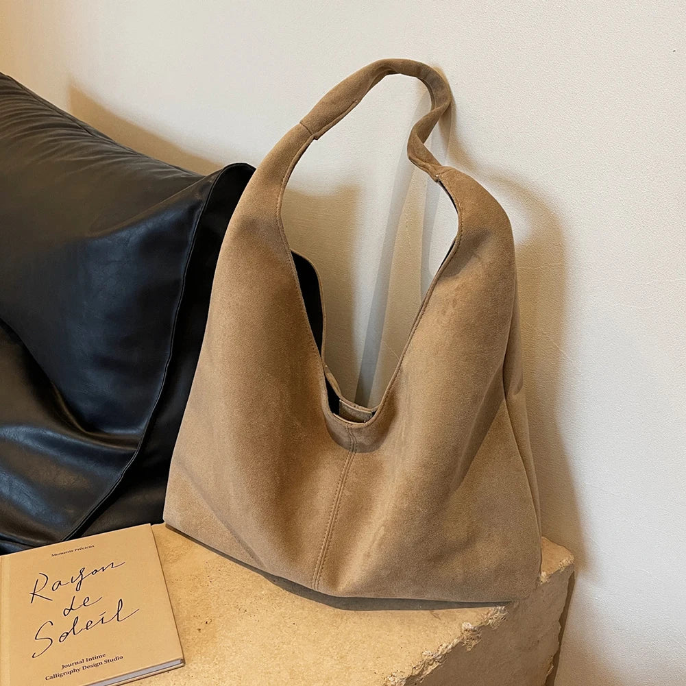 Women Suede Shoulder Bag with Pocket Underarm Bag Trendy Hobo Bag Slouchy Bag for Work Travel Shopping