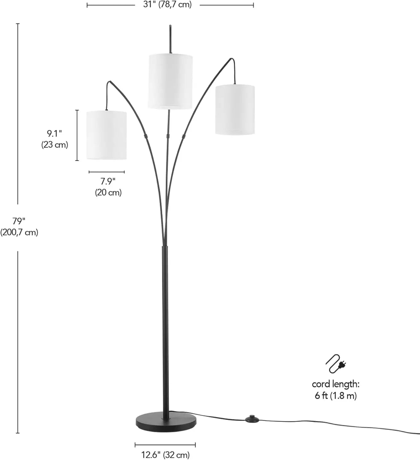 Light Floor Lamp, Matte Black, White Linen Shade, in-Line On/Off Foot Switch