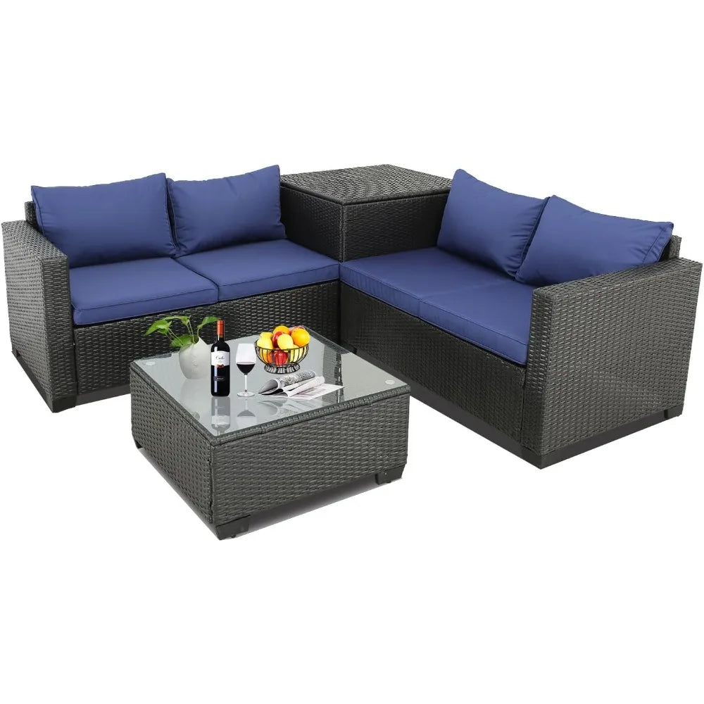 Outdoor Courtyard Furniture Set, Willow Sofa with Cushions and Coffee Table, Garden Outdoor Sofa Set, 4 Pcs